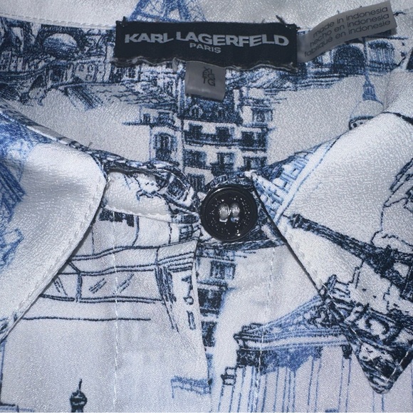 Karl Lagerfeld Womens Blouse XL Paris Print Button Up Roll Tab Parisian Scene - Picture 15 of 15